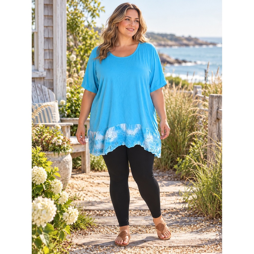 629. LOGO Lori Goldstein Feminine Boho 1X Eyelet Lace Ruffle Hem Top